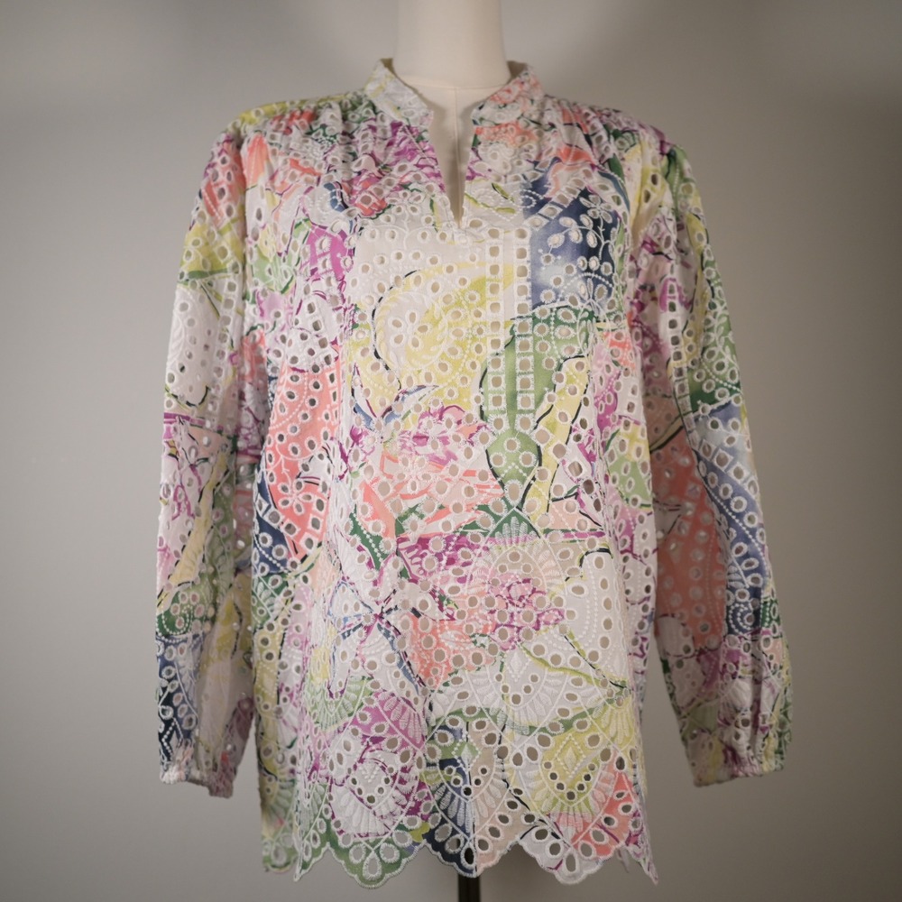 Chicos Eyelet Tunic Top Womens 2.5 L XL Multi Color Floral Scallop Hem Blouse‎